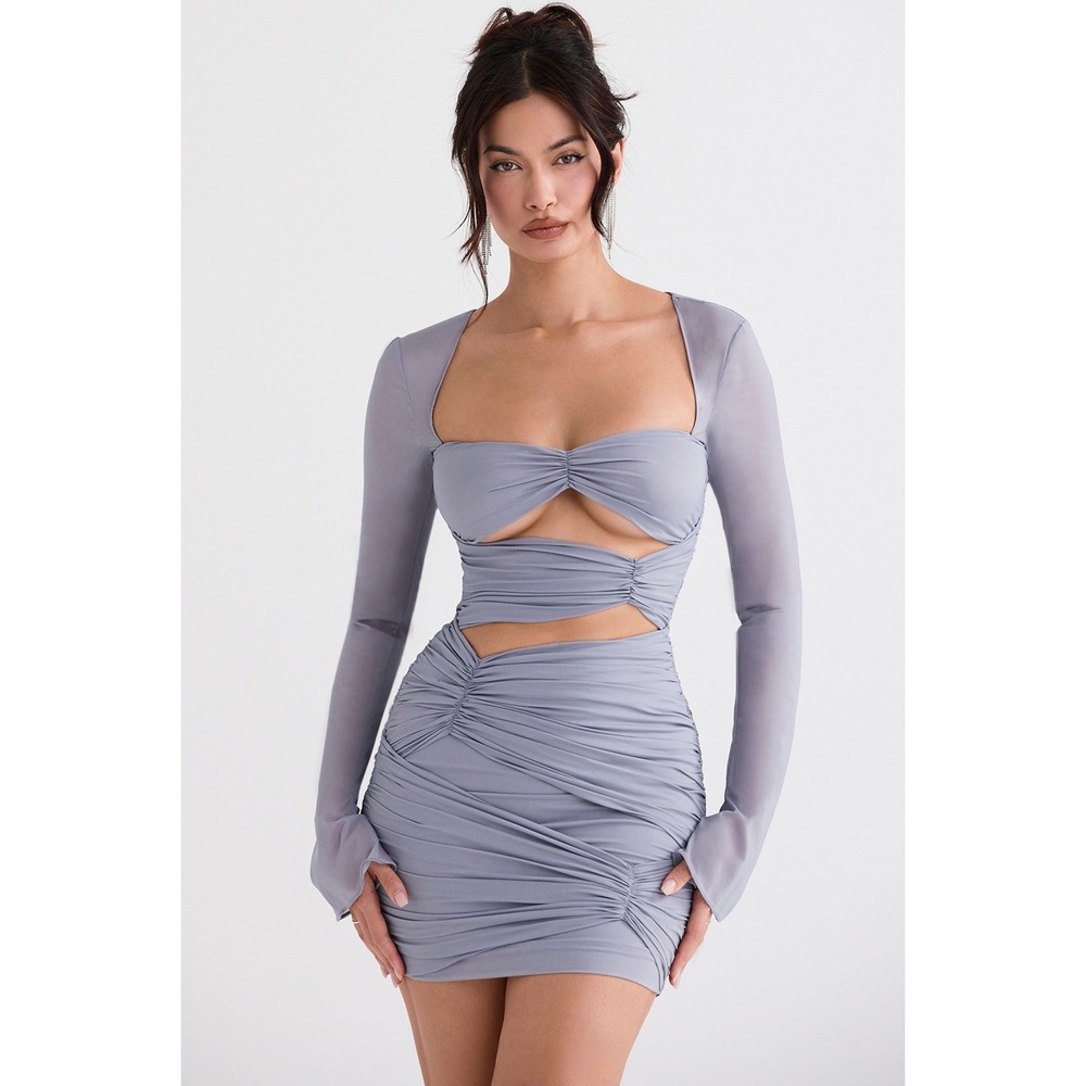 House of CB Camille Dove Grey Silk Ruched Cutout Mini Dress XS - Picture 2 of 12